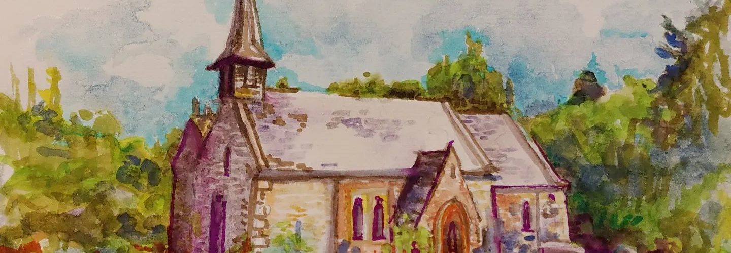 A watercolour painting of Breinton Church - with gravestones in front of the church and trees beyond it.